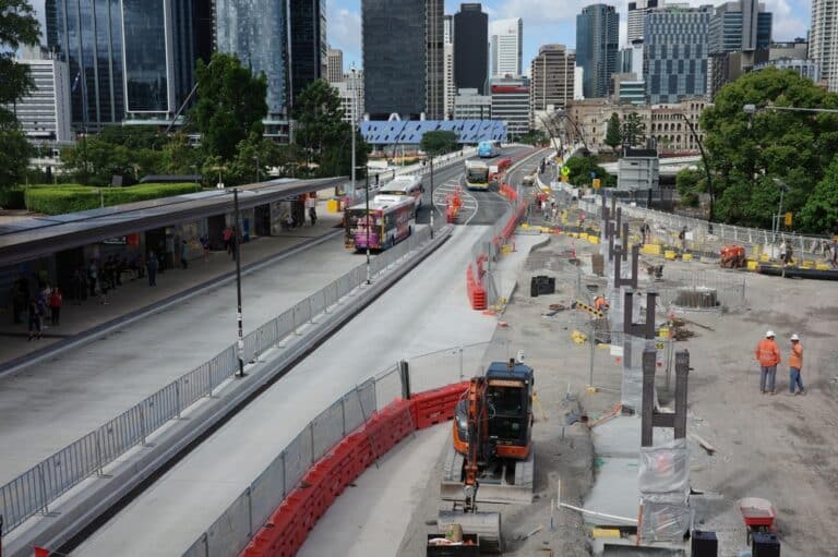 Brisbane Queensland Australia - September 5 2024: Ongoing construction of the South East Busway at Cultural Centre Bus Station