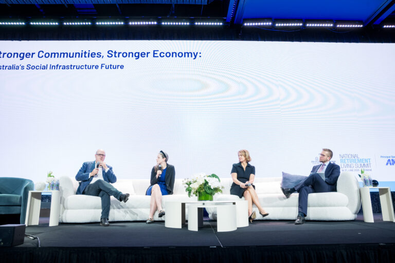 From left to right, Productivity Commissioner Martin Stokie on stage with Adelaide Timbrell, Senior Economist, ANZ Research, Jo Masters, Chief Economist Barrenjoey and moderator Matthew Kandelaars, Group Executive, Policy and Advocacy, Property Council of Australia, at the National Retirement Living Summit.