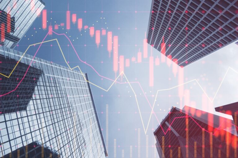 Investing, trading and real estate market crisis concept with digital red financial chart candlestick and graphs on modern skyscraper tops bottom view background, double exposure